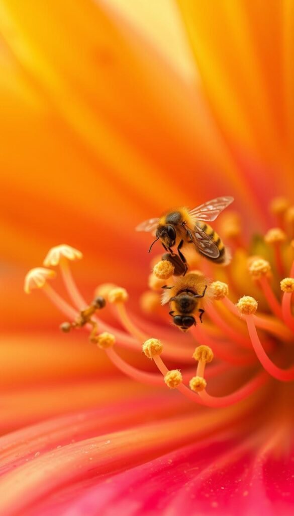 A close-up view of the intricate pollination process within a lush, vibrant flower. In the foreground, delicate anthers and stigmas are shown in exquisite detail, their intricate structures glistening under the soft, diffused lighting. The middle ground reveals the intricate dance of nectar-seeking pollinators, their fuzzy bodies dusted with pollen grains as they flit from petal to petal. The background fades into a softly blurred, nature-inspired setting, hinting at the wider ecosystem that supports this critical reproductive cycle. The overall scene conveys a sense of wonder and appreciation for the hidden beauty and complexity of fruit pollination.