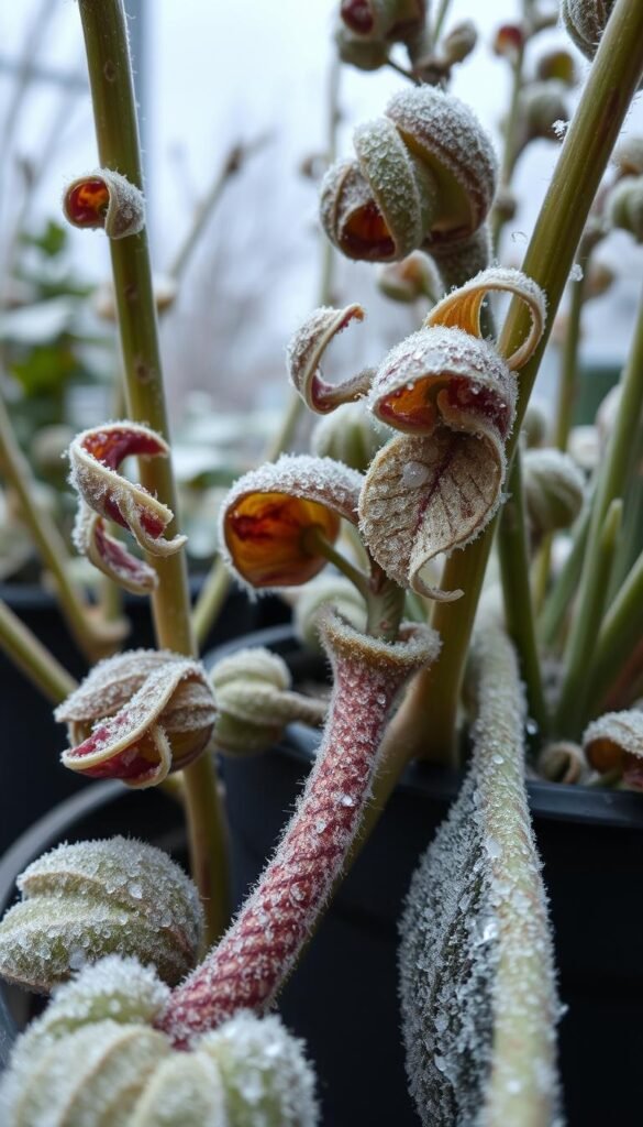 A close-up view of various signs of frost damage on the leaves and stems of container-grown plants. The foreground shows curled, discolored, and wilted foliage with visible ice crystals and water droplets. The middle ground captures the texture and patterns of the damaged plant tissues, while the slightly blurred background suggests an overcast, chilly outdoor setting. The lighting is soft and diffused, creating a somber, almost melancholic mood. The image is captured with a macro lens at a shallow depth of field, emphasizing the intricate details of the frost-affected plants.