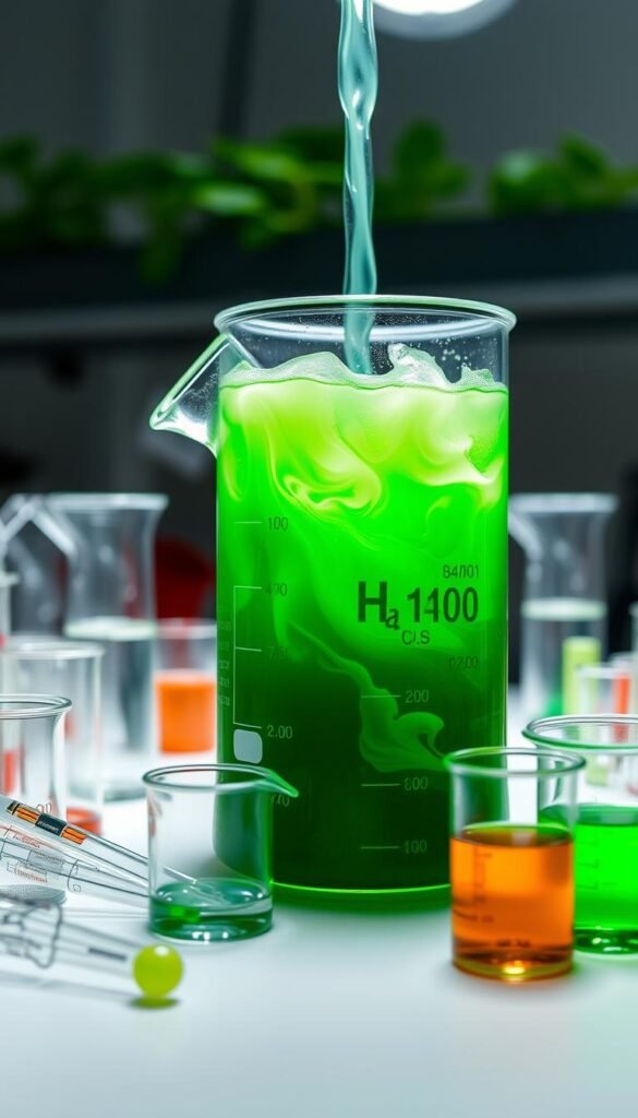 A closeup view of a clear glass beaker filled with a vibrant, emerald-green hydroponic nutrient solution. The liquid gently swirls, illuminated by a soft, diffused light from above. Surrounding the beaker are various scientific-looking measuring cups, pipettes, and test tubes, neatly arranged on a clean, white laboratory bench. The overall scene conveys a sense of precision, experimentation, and the careful preparation of a nutrient-rich growing environment for a hydroponic system. A closeup view of a clear glass beaker filled with a vibrant, emerald-green hydroponic nutrient solution. The liquid gently swirls, illuminated by a soft, diffused light from above. Surrounding the beaker are various scientific-looking measuring cups, pipettes, and test tubes, neatly arranged on a clean, white laboratory bench. The overall scene conveys a sense of precision, experimentation, and the careful preparation of a nutrient-rich growing environment for a hydroponic system.