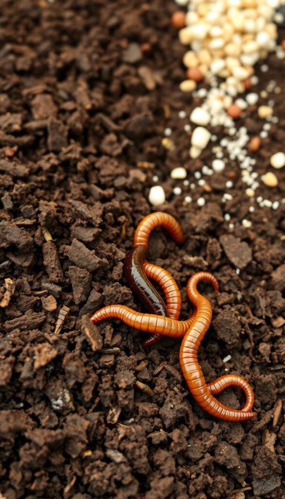 A closeup view of the essential soil components for a thriving container garden. In the foreground, a textured mix of dark, nutrient-rich compost, perlite for aeration, and vermiculite for water retention. In the middle ground, a handful of earthworms wriggling through the loamy soil, indicating healthy microbial activity. The background showcases a scattering of slow-release organic fertilizer granules and a dusting of dolomitic limestone to balance the pH. Warm, soft lighting illuminates the scene, highlighting the rich, dark tones and the delicate structure of the soil. Captured with a macro lens to emphasize the intricate details of this living, breathing foundation for bountiful container-grown vegetables.