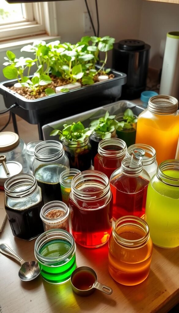 A cluttered kitchen counter with various homemade nutrient solutions for hydroponic gardening. In the foreground, a collection of glass jars and containers filled with liquids of different hues, such as deep greens, rich browns, and vibrant reds. Scattered around them are measuring spoons, pipettes, and a small notebook with handwritten notes. The middle ground features a compact hydroponic growing system, with leafy plants thriving in a tray of nutrient-rich water. Soft, natural lighting illuminates the scene, casting gentle shadows and highlighting the textures of the materials. The overall atmosphere conveys a sense of DIY experimentation and self-reliance in the realm of small-scale, low-cost hydroponic gardening.