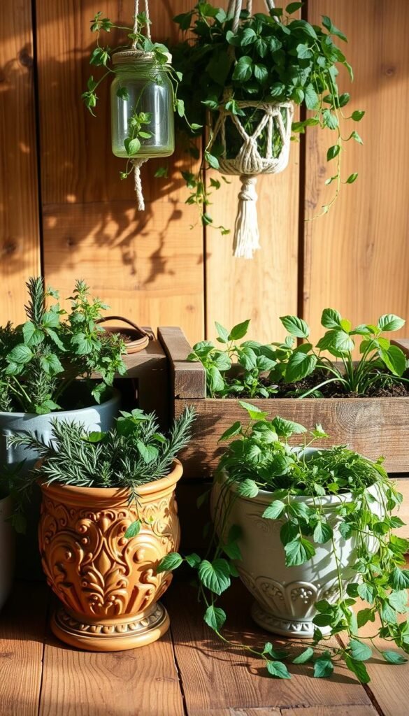 A collection of distinct herb garden containers arranged artfully on a wooden surface. In the foreground, an ornate terracotta planter filled with lush, vibrant herbs, its earthy tones complementing the natural wood. Nearby, a sleek concrete pot with a sprig of rosemary cascading over the edge. In the middle ground, a repurposed vintage crate overflows with a variety of herbs, their verdant leaves contrasting against the weathered wood. Hanging above, a macrame-wrapped glass jar suspends a trailing ivy plant. Warm, natural lighting casts gentle shadows, creating a cozy, inviting atmosphere suitable for a kitchen herb garden.