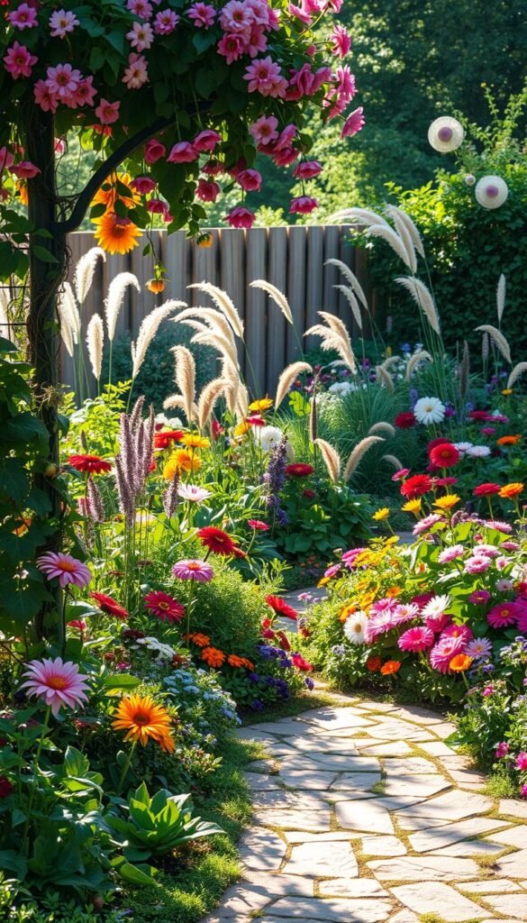 A colorful, lush garden filled with a vibrant mix of flowering plants and vegetables. In the foreground, a trellis covered in cascading vines and blooms, casting dynamic shadows across the ornate stone pathway. The middle ground showcases an array of tall, swaying grasses, dahlias, zinnias, and other striking floral varieties, their colors complementing each other in a harmonious palette. In the background, a wooden fence is partially obscured by a tapestry of foliage, hinting at the abundance beyond. Soft, warm lighting filters through the scene, creating a sense of tranquility and natural beauty. The overall composition exudes a sense of abundance, texture, and visual interest, perfectly capturing the essence of "Adding Color and Texture with Mixed Plantings".