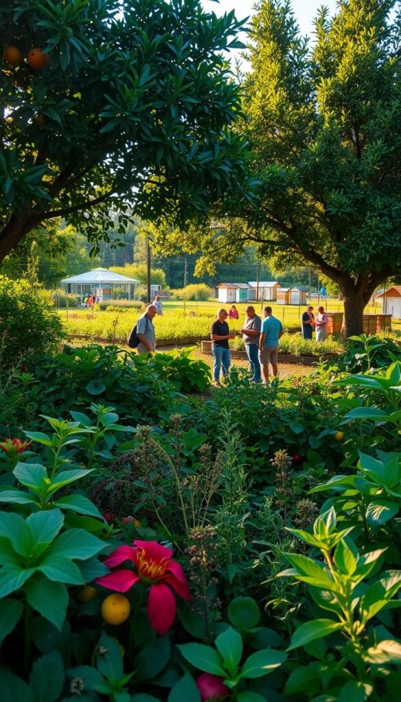 A community food forest in a lush, verdant setting. In the foreground, a diverse array of edible plants and herbs thrive, their vibrant colors and textures inviting exploration. In the middle ground, locals gather, sharing knowledge and harvesting the abundant produce. Sunlight filters through the canopy of mature fruit trees, casting a warm, golden glow over the scene. In the background, a community garden and beehives hint at the interconnected web of resources available. The overall atmosphere conveys a sense of connection, collaboration, and the abundance that can be cultivated when a community comes together to steward its land and resources.