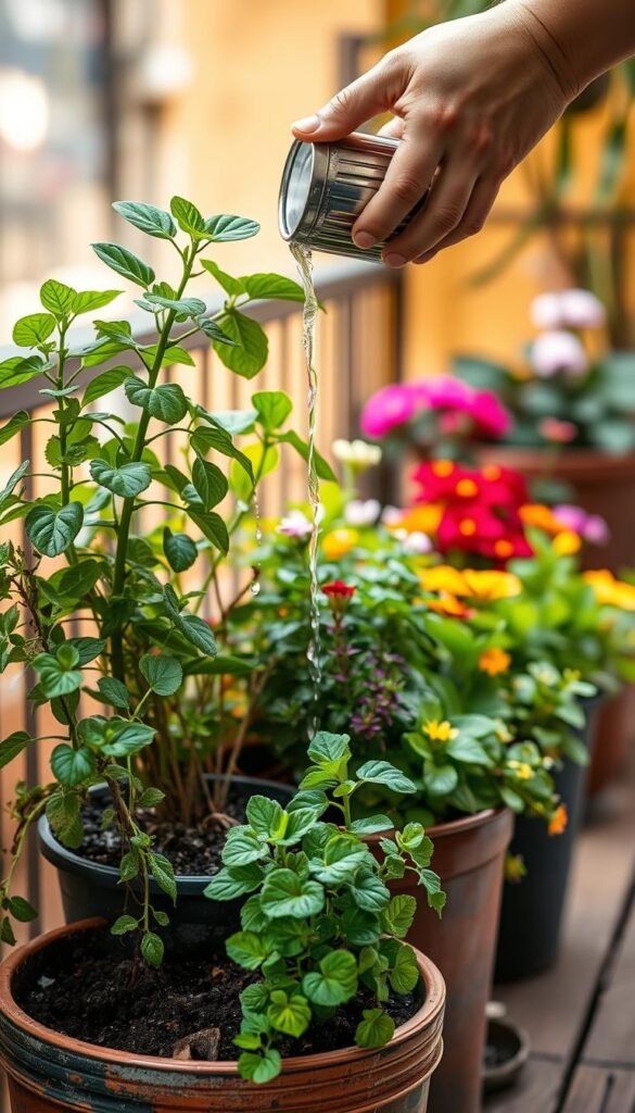 A compact container garden with lush greenery and vibrant flowers. In the foreground, a gardener's hands carefully watering a thriving potted plant, water gently cascading over the soil. In the middle ground, a variety of container plantings - trailing vines, blooming annuals, and textured foliage. The background softly blurred, revealing a cozy patio or balcony setting with warm, natural lighting. The overall scene conveys a sense of nurturing care, with a focus on the practical yet rewarding act of watering and maintaining a thriving container garden oasis.