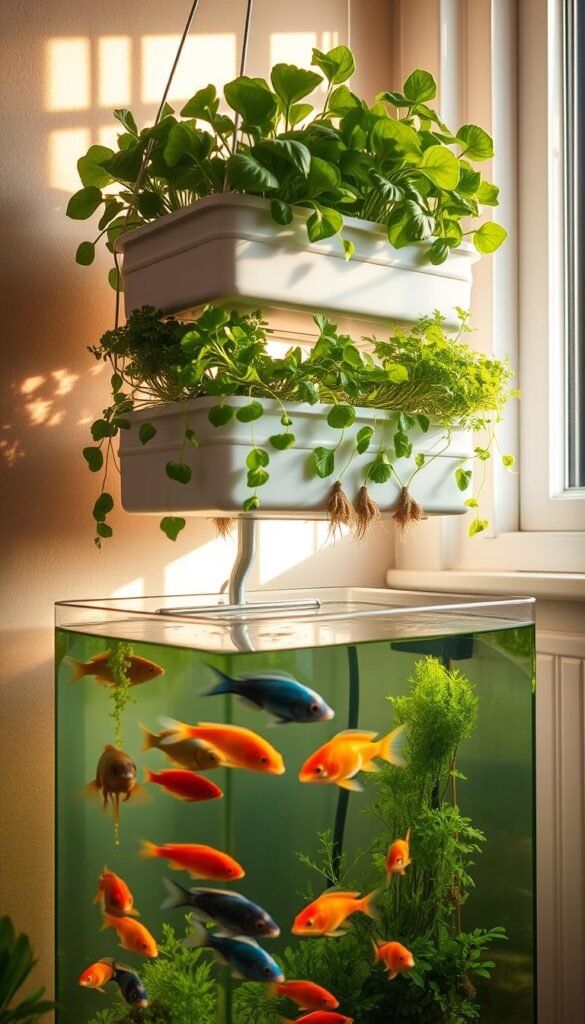 A compact indoor aquaponic setup showcasing a lush, thriving ecosystem. In the foreground, a clear glass tank filled with healthy, colorful fish swimming gracefully. Suspended above, a raised planter bed overflows with verdant, leafy greens and herbs, their roots dipping into the water below. Warm, natural lighting filters in through a nearby window, casting a soft, golden glow. The background features a minimalist, earthy-toned wall, highlighting the intersection of aquatic and terrestrial life. The overall scene conveys a sense of harmony, balance, and the effortless integration of flora and fauna within a compact, urban-friendly indoor gardening system.