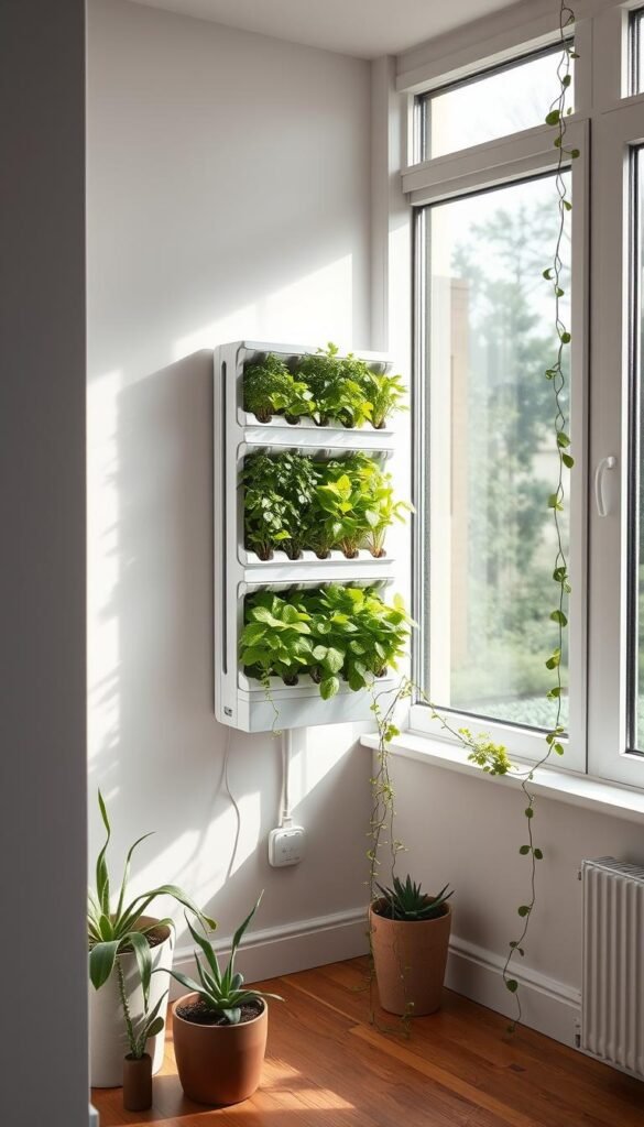 A compact, minimalist indoor garden setup in a bright, airy room with large windows. A sleek, wall-mounted hydroponic system takes up minimal floor space, housing lush, thriving greens and herbs. Soft, diffused natural light filters in, creating a soothing, calming atmosphere. The system features a modern, streamlined design with clean lines and a neutral color palette that seamlessly blends into the modern, Scandinavian-inspired decor. Potted succulents and trailing vines add pops of green, complementing the hydroponic setup. An elegant, understated aesthetic that maximizes space while bringing the outdoors in.