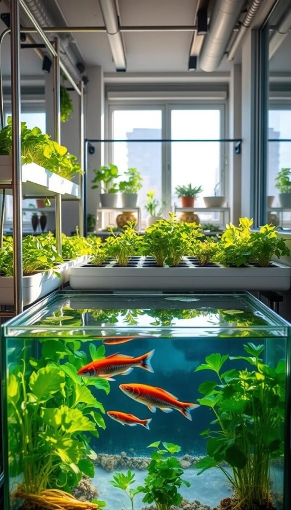 A compact, space-efficient aquaponic setup in a well-lit, modern interior. In the foreground, a sleek, minimalist aquarium tank with crystal-clear water, housing a thriving ecosystem of fish. Surrounding the tank, a series of raised plant beds filled with lush, verdant hydroponically-grown vegetables and herbs. Elegant metal fixtures and shelves provide structure and organization, while natural light from large windows bathes the scene in a warm, inviting glow. The overall aesthetic is clean, contemporary, and designed to maximize productivity in a small footprint, perfectly suited for an urban or apartment-based aquaponic garden.