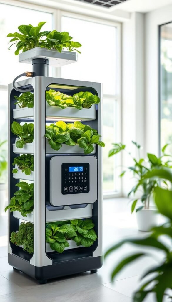 A compact, space-efficient hydroponic garden system with a sleek, modern design. The foreground features a vertical stacking of plant trays, each containing lush, vibrantly green leafy vegetables and herbs. The middle ground showcases a minimalist control panel with digital displays and intuitive touch controls, allowing precise monitoring and adjustment of the system's environmental parameters. The background depicts a bright, airy room with large windows, flooding the scene with natural daylight and giving the impression of a well-lit, indoor grow space. The overall mood is one of efficiency, sustainability, and the harmonious integration of technology and nature.