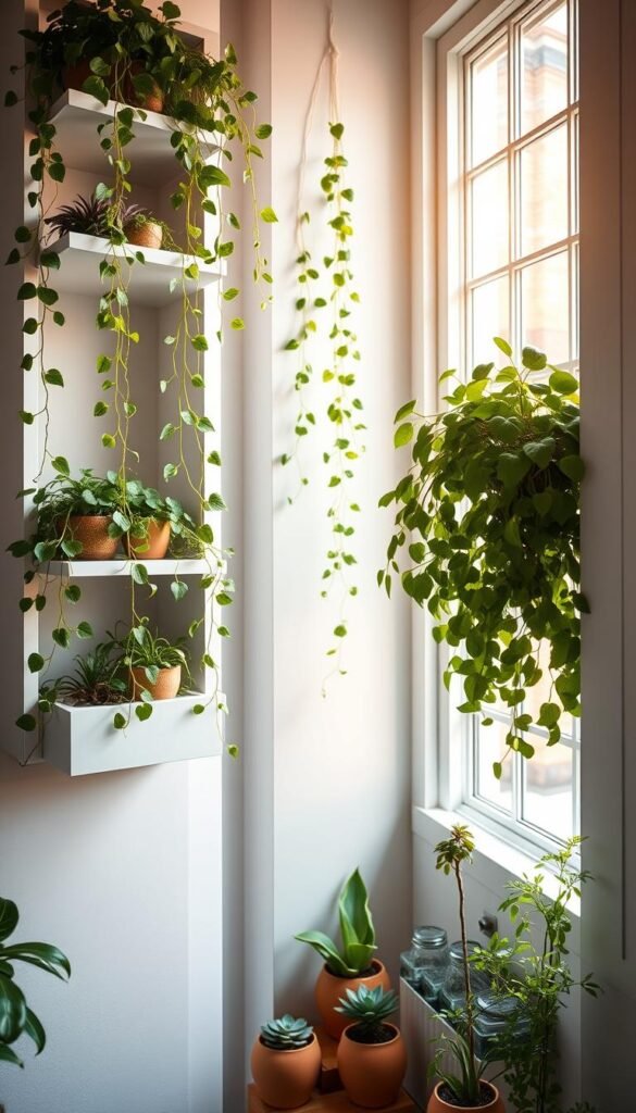 A compact, vertically-stacked indoor garden thriving in a well-lit, minimalist urban loft. Delicate trailing vines cascade from sleek, modern shelving units, their verdant leaves casting soft shadows. Compact succulents and herbs nestle in chic ceramic planters, their vibrant colors complementing the neutral color palette. The space is bathed in warm, diffused natural light filtering through large windows, creating a serene, calming atmosphere. A sense of harmony and tranquility pervades the carefully curated scene, showcasing how even the tightest of spaces can become a lush, thriving oasis.