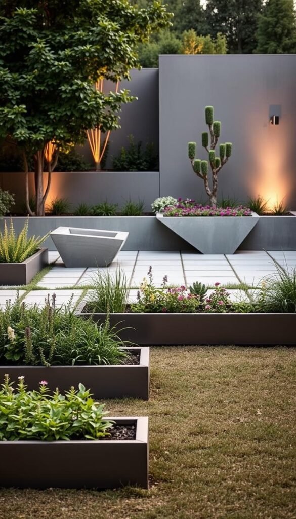 A contemporary, minimalist garden scene showcasing modern edging solutions. In the foreground, sleek metal and concrete garden borders elegantly delineate raised planting beds, their clean lines and muted tones complementing the lush, verdant foliage. The middle ground features sculptural, angular concrete planters filled with a vibrant mix of flowers and herbs, their geometric forms providing visual interest. In the background, a simple paved patio area is framed by a low, streamlined concrete wall, creating a seamless transition between the cultivated garden and the surrounding environment. Warm, diffused lighting casts a soft, natural glow, enhancing the organic yet refined atmosphere. The overall composition emphasizes the harmonious integration of modern, architectural elements with the natural beauty of the garden.