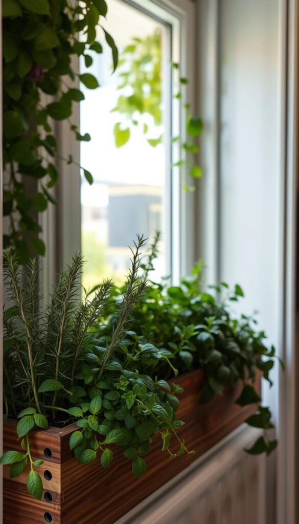A cozy and inviting herb window box garden, filled with an abundance of fresh greenery. The foreground showcases a wooden window box overflowing with lush herbs such as rosemary, thyme, and basil, their aromatic leaves casting delicate shadows. The middle ground features a bright and airy interior, with natural light streaming in through the window, illuminating the vibrant vegetation. In the background, a serene outdoor scene can be glimpsed, hinting at the compact yet thriving nature of this urban oasis. The composition is framed by a clean, minimalist window frame, creating a sense of harmony and balance. The overall atmosphere is one of tranquility and the joys of small-space gardening.