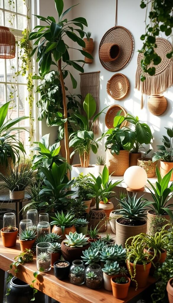 A cozy and inviting indoor garden room, showcasing a variety of lush potted plants, trailing vines, and stylish decorative elements. In the foreground, a wooden table or shelf displays an assortment of succulents, air plants, and small terrariums, bathed in soft, natural lighting filtering through large windows. The middle ground features a mix of taller houseplants such as monstera, fiddle-leaf fig, and Philodendron, arranged harmoniously to create a layered, visually appealing composition. The background incorporates earthy, neutral-toned decor pieces like woven baskets, ceramic planters, and natural-fiber wall hangings, evoking a calming, nature-inspired ambiance. The overall scene conveys a sense of tranquility, balance, and a harmonious integration of the indoor and outdoor worlds.
