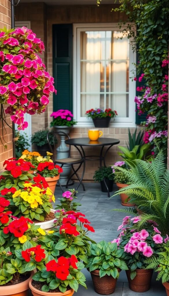 A cozy and visually-appealing compact patio design, featuring an assortment of vibrant container flowers and lush foliage. In the foreground, a variety of potted plants in various shapes and sizes, including cascading petunias, colorful geraniums, and verdant ferns, artfully arranged to create a layered and harmonious composition. The middle ground showcases a small bistro table and chairs, creating an inviting seating area, bathed in warm, natural lighting from a nearby window. In the background, a neutral-toned brick or stone wall provides a clean and uncluttered backdrop, allowing the vibrant colors and textures of the plants to take center stage. The overall scene conveys a sense of tranquility, charm, and inspiration for compact patio designs that incorporate container flowers and foliage.