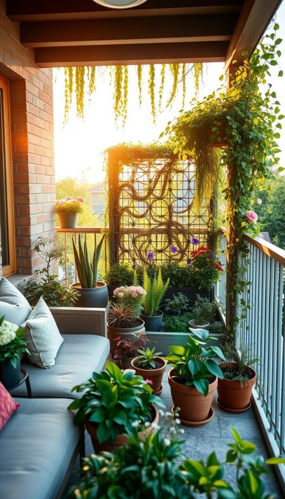 A cozy and well-appointed balcony, basking in the warm glow of natural light. In the foreground, an inviting seating area with plush cushions and a mix of potted plants, creating a lush, botanical oasis. The middle ground features a small, raised garden bed overflowing with vibrant flowers and herbs, their colors and textures complementing the overall aesthetic. In the background, a trellis or pergola draped with cascading vines and trailing greenery, adding a sense of privacy and creating a cohesive, harmonious outdoor retreat. The image is captured with a wide-angle lens, showcasing the balanced and considered layout of the space, promoting a serene and rejuvenating atmosphere.