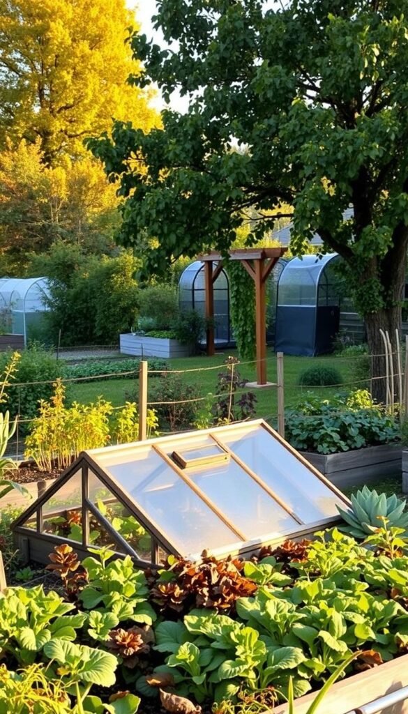 A cozy autumn garden scene, with vibrant foliage and season-extending structures. In the foreground, raised garden beds overflow with leafy greens, herbs, and late-season vegetables. A sturdy cold frame stands guard, its glass panels glowing softly in the soft, golden light. Beyond, a row of row covers and mini-greenhouses dot the landscape, creating a patchwork of protection against the cooling temperatures. In the middle ground, an elegant wooden trellis supports climbing vines, their tendrils reaching towards the sun. In the background, a lush, mature fruit tree casts a dappled shade, its branches heavy with the season's harvest. The overall atmosphere is one of abundance, warmth, and careful preparation for the winter to come.