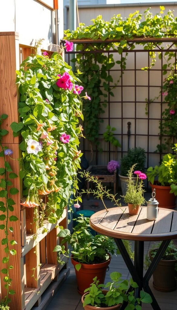 A cozy balcony garden bursting with lush greenery and colorful blooms, bathed in warm afternoon sunlight. In the foreground, a DIY vertical planter made from recycled wooden crates overflows with trailing vines and cascading flowers. Potted herbs and a small table with a rustic wooden top occupy the middle ground, creating a charming alfresco dining nook. In the background, a trellis supports climbing vines and a few potted shrubs, adding depth and texture to the scene. The overall mood is one of tranquility and budget-friendly, urban oasis vibes.