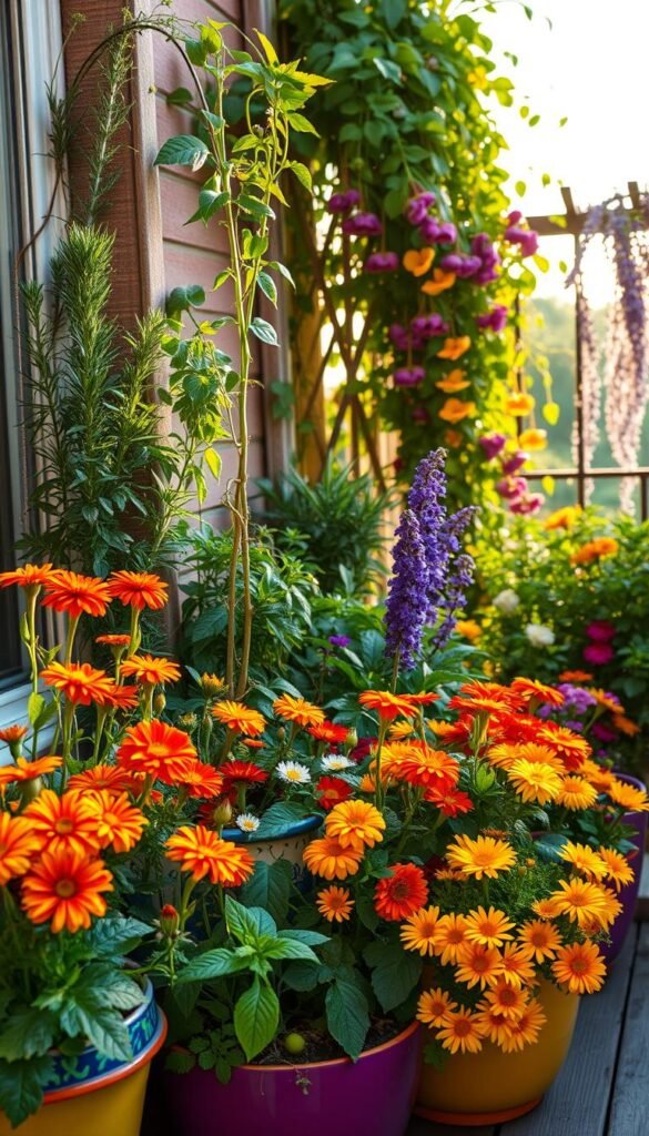 A cozy balcony garden, overflowing with a vibrant array of edible flowers. In the foreground, a mix of marigolds, nasturtiums, and calendula cascade from colorful ceramic pots, their petals gently swaying in the soft breeze. In the middle ground, a lush herb garden thrives, with fragrant rosemary, thyme, and lavender plants interspersed between the blooms. The background features a trellis draped with climbing vines and trailing passionflowers, creating a lush, verdant oasis. The scene is bathed in warm, golden light, reflecting off the textured surfaces and casting gentle shadows, conveying a sense of tranquility and natural abundance.
