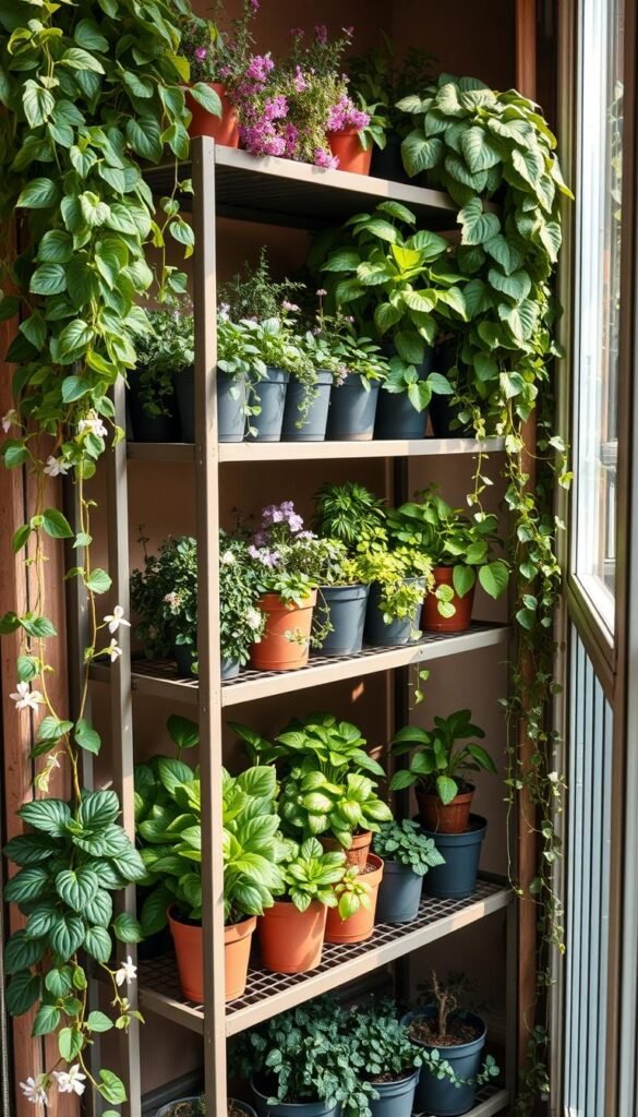 A cozy balcony garden setup with lush, cascading vegetation arranged on tiered metal shelving. Delicate flowering vines trail down the sides, contrasting with the bold greens of potted herbs and succulents. Warm, natural lighting filters through the scene, casting a soft glow over the verdant display. The shelves are arranged in a tight vertical configuration, maximizing the limited space while creating an inviting, nature-inspired ambiance. Metal frames in a muted tone provide sturdy support, blending seamlessly with the botanical elements. This compact, well-organized layout showcases how to transform a small balcony into a thriving, space-efficient oasis.
