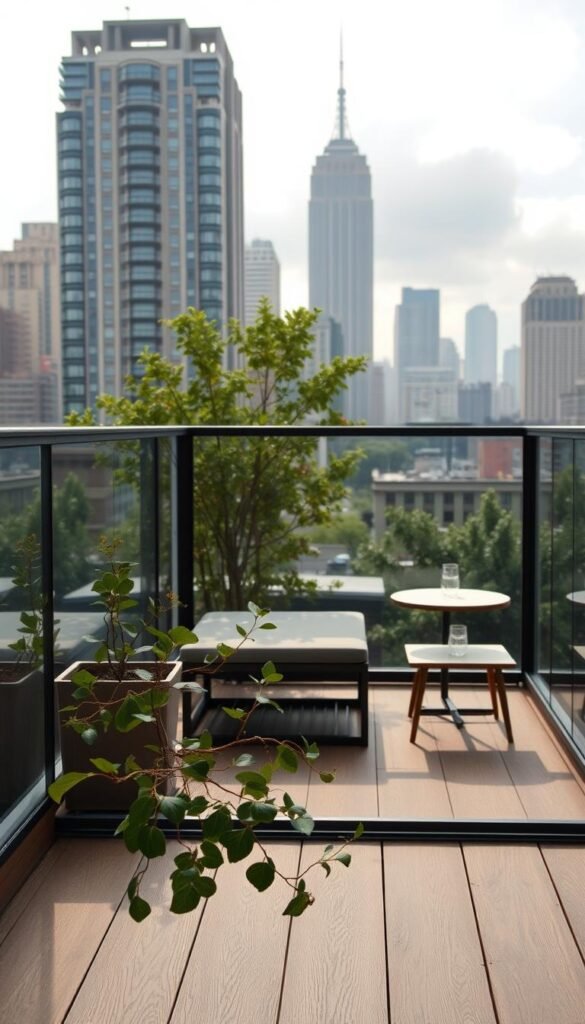A cozy balcony overlooking a bustling city skyline. The foreground features a delicate potted plant, its lush foliage casting gentle shadows across the smooth wooden floor. In the middle ground, a couple of compact, modular furniture pieces - a sleek bench and a minimalist side table - invite leisurely contemplation. The background showcases the urban landscape, with towering buildings, verdant trees, and a soft, diffused light filtering through wispy clouds. The scene conveys a sense of tranquility and potential, hinting at the possibilities of transforming even the smallest of outdoor spaces into a personal oasis.