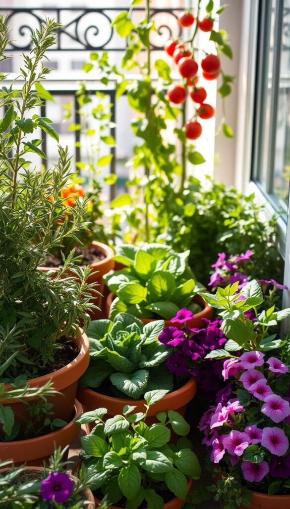 A cozy balcony scene, sunlight streaming through lush container garden overflowing with aromatic herbs, vibrant vegetables, and colorful flowers. In the foreground, a mix of potted basil, rosemary, and thyme, their verdant leaves gently swaying. Behind them, tomato vines climb up a trellis, bright red orbs peeking through the foliage. In the middle, a collection of terra cotta pots brimming with lush kale, Swiss chard, and petunias in shades of purple and pink. In the background, a wrought-iron railing frames the scene, suggesting the connection to the urban environment beyond. The lighting is soft and natural, casting a warm, inviting glow over the entire composition. The overall mood is one of tranquility, abundance, and the joy of small-space gardening.