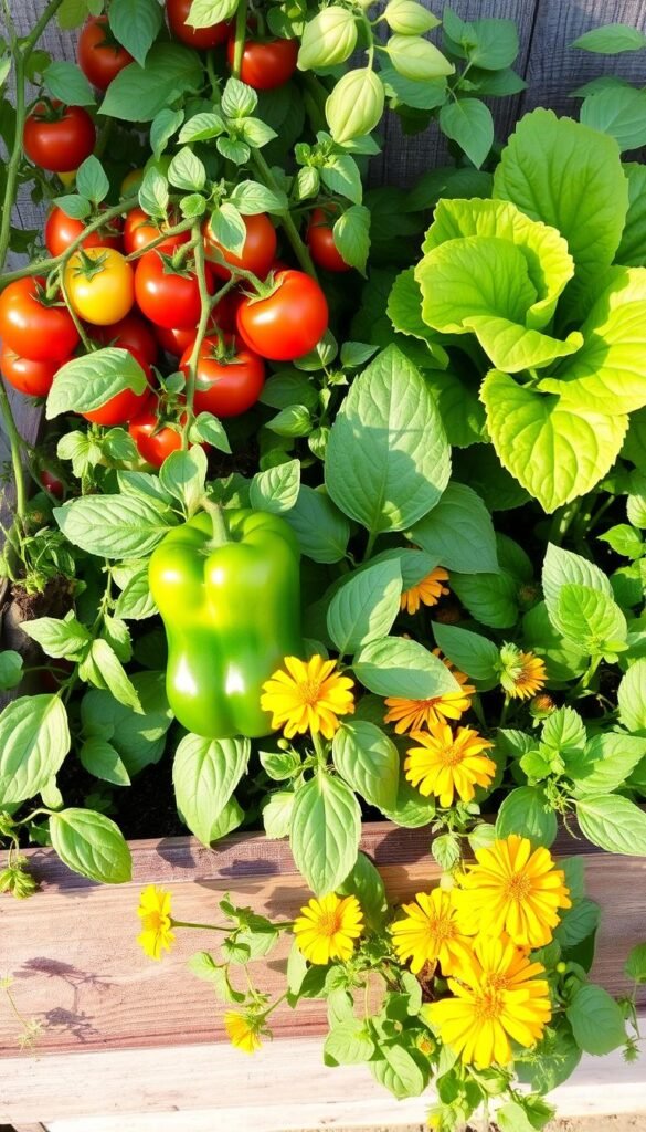 A cozy container garden filled with an array of complementary plants. Vibrant tomato vines cascade over the edges, their ripe fruit peeking through the foliage. Beside them, fragrant basil and lush lettuce leaves create a harmonious duo. In the foreground, a plump bell pepper plant stands tall, its glossy leaves catching the warm, afternoon sunlight. In the middle ground, a thriving marigold cluster adds pops of sunny yellow, deterring pests and enhancing the overall vitality of the arrangement. The background features a wooden planter box, its weathered surface providing a rustic contrast to the lush, green foliage. This captivating scene showcases the beauty and synergy of companion planting in a container garden setting.