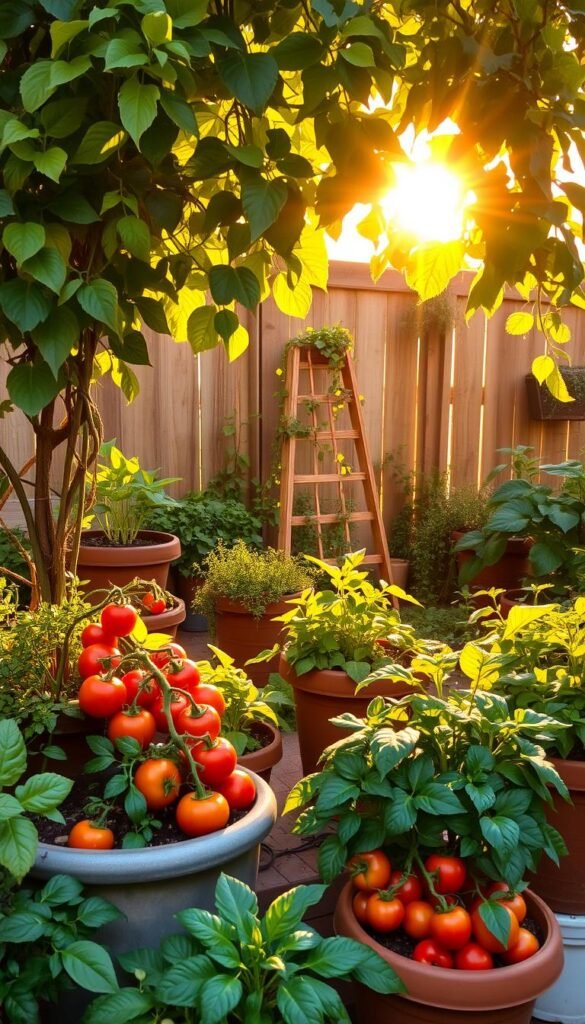 A cozy container garden filled with thriving vegetables and herbs, bathed in warm, golden sunlight streaming through a lattice of leafy vines. In the foreground, a variety of lush, well-tended pots and planters brimming with colorful, heat-tolerant crops like tomatoes, peppers, and leafy greens. The middle ground features a small, wooden trellis supporting a cascading vine, creating a sense of depth and texture. In the background, a charming, rustic fence or wall provides a natural backdrop, accentuating the vibrant, verdant scene. The overall atmosphere is one of abundance, serenity, and the joy of urban gardening, perfectly capturing the essence of "Container Gardening and Small Space Solutions".