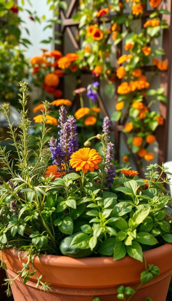 A cozy container garden filled with verdant, lush foliage and blooming companion plants, designed as a natural pest control system. In the foreground, a terracotta pot overflows with fragrant herbs like rosemary, lavender, and basil, their aromatic leaves gently swaying in the warm, diffused sunlight. In the middle ground, vibrant marigolds and nasturtiums add splashes of color, their bright petals and leaves repelling common garden pests. In the background, a geometric trellis supports climbing vines like nasturtiums and morning glories, creating a lush, inviting vertical element. The overall scene exudes a sense of balance, sustainability, and a harmonious, nature-inspired aesthetic.