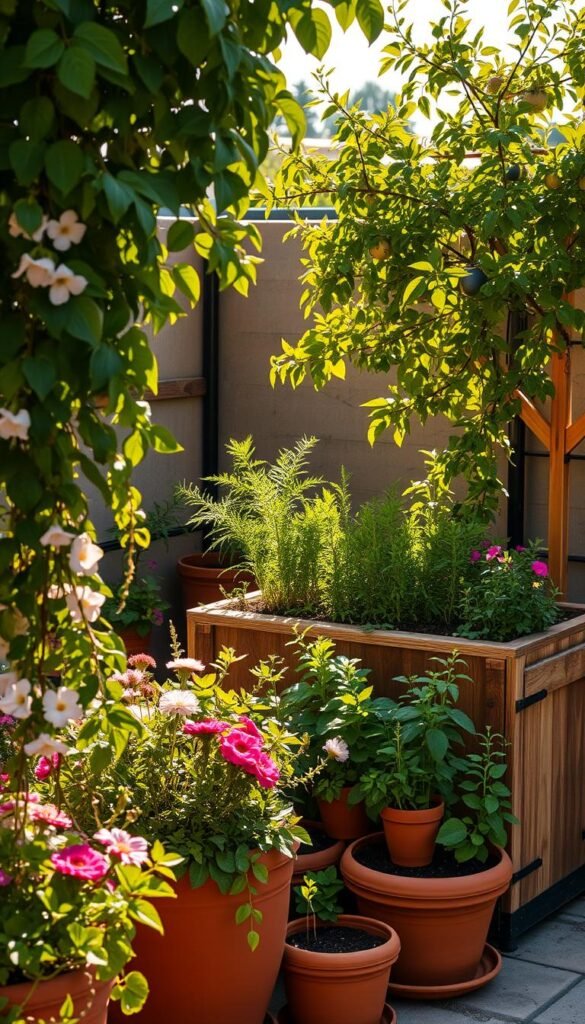 A cozy container garden, sunlight dappling through lush foliage. In the foreground, terracotta pots overflow with cascading vines and vibrant blooms. Mid-ground, a wooden planter box hosts a flourishing herb garden, its fragrant leaves gently swaying. In the background, a trellis supports the verdant canopy of a dwarf fruit tree, its branches heavy with ripening produce. The scene is bathed in warm, golden hues, conveying a sense of abundance and tranquility. A perfect balance of form and function, this image captures the essence of successful container gardening.
