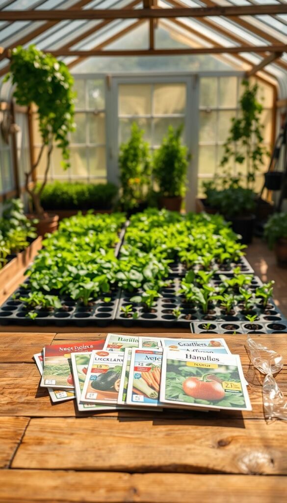 A cozy gardening scene with a wooden table in the foreground, showcasing an array of vibrant seed packets and seedling trays. The middle ground features a lush, verdant garden bed with various vegetables in different stages of growth. In the background, a bright, sunlit greenhouse or potting shed serves as the backdrop, casting a warm, natural glow. The lighting is soft and diffused, creating a sense of tranquility and attention to detail. The overall composition emphasizes the thoughtful process of selecting the best seeds and transplants for a successful vegetable garden.