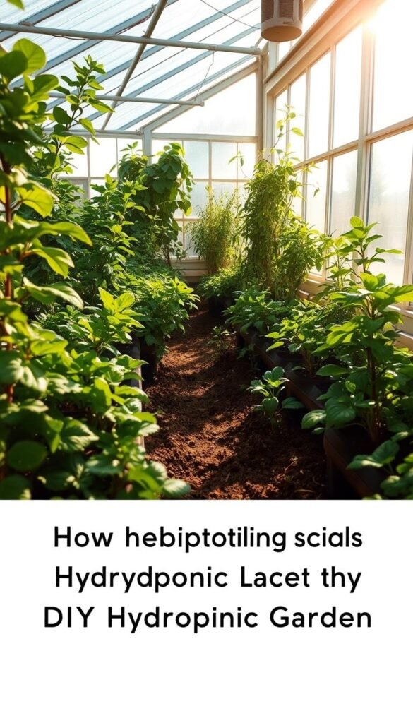 A cozy greenhouse filled with lush, verdant plants bathed in warm, natural sunlight streaming through large windows. The scene exudes a sense of tranquility and abundance, with soft shadows dancing across the soil and foliage. The lighting is diffused and gentle, creating a harmonious, soothing atmosphere that would be ideal for a thriving hydroponic garden. The camera angle is slightly elevated, offering a panoramic view that showcases the growth and vitality of the plants. The overall composition emphasizes the importance of harnessing natural light to create an optimal growing environment for a DIY hydroponic setup.