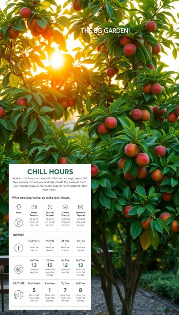 A cozy home garden with a lush, thriving fruit tree canopy. In the foreground, a detailed chart or guide illustrates tips for tracking "chill hours" - the number of hours a fruit tree requires below a certain temperature to produce a bountiful harvest. The guide is presented in a simple, informative layout with clear icons and easy-to-understand graphics. The middle ground features the fruit tree itself, its branches heavy with ripe, colorful fruit. The background showcases a warm, golden sunset filtering through the leaves, creating a serene, tranquil atmosphere. Soft, diffused lighting illuminates the scene, lending a calming, inviting feel. The overall composition conveys a sense of harmony between the practical aspects of fruit tree cultivation and the peaceful, natural setting of the backyard garden.