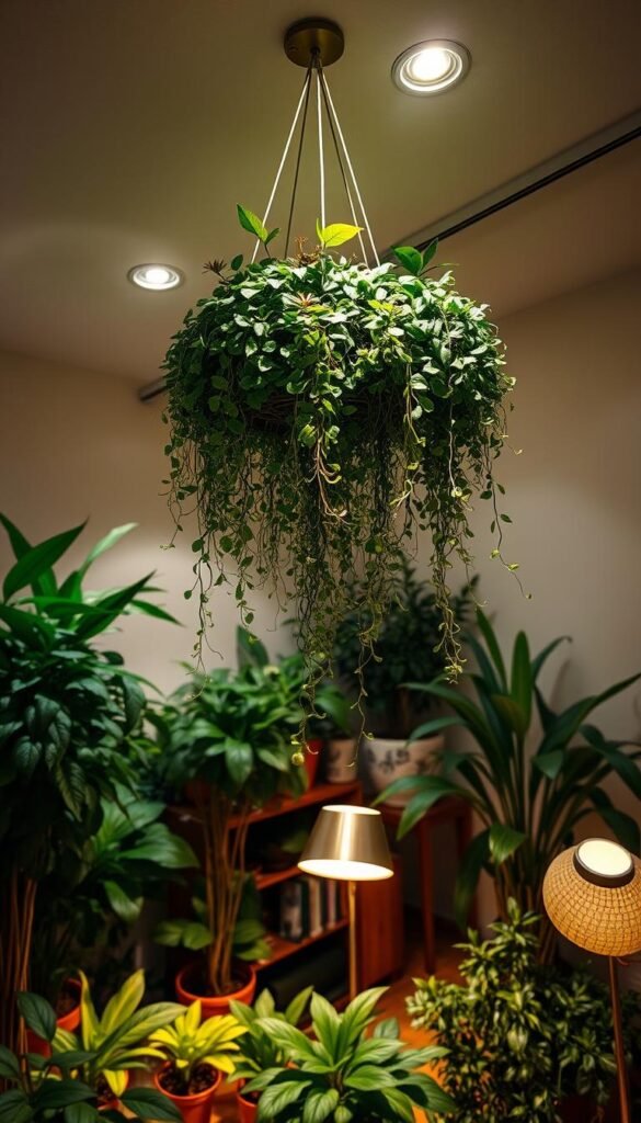 A cozy indoor garden oasis, bathed in soft, warm lighting. A hanging garden suspended from the ceiling, lush with cascading vines and vibrant foliage. Recessed spotlights gently illuminate the verdant display, while a pair of sleek, modern floor lamps cast a gentle glow across the space. Potted plants of various sizes and shapes dot the scene, their leaves softly illuminated. The atmosphere is serene and inviting, creating an oasis of tranquility within the home. High-angle perspective showcases the carefully curated, harmonious layout, highlighting the perfect balance of natural and artificial lighting.