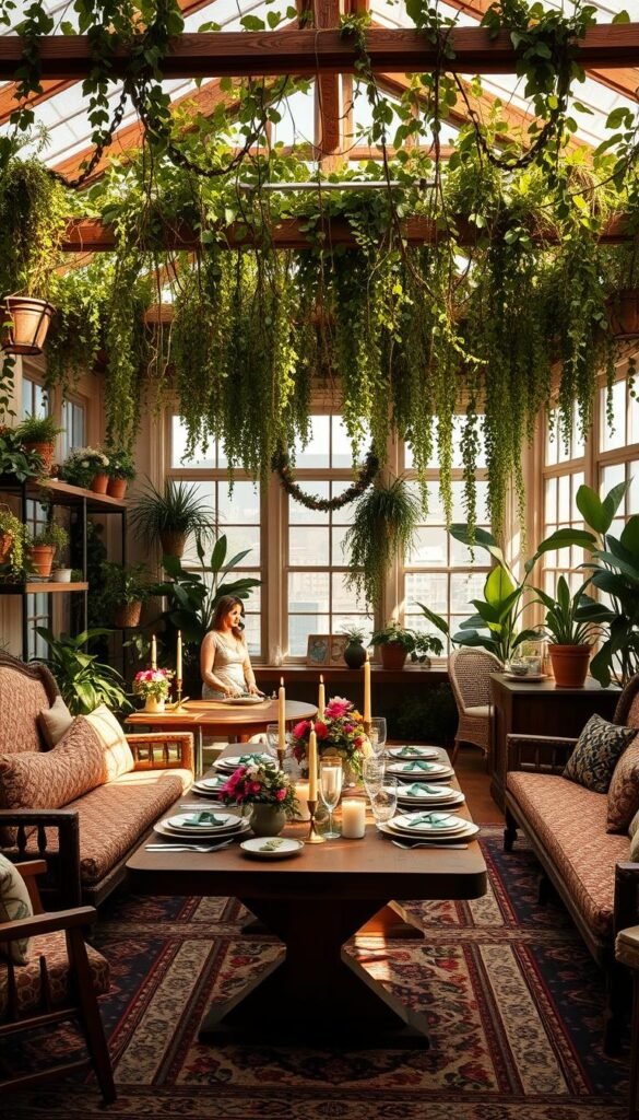 A cozy indoor garden party setup, bathed in soft, warm lighting. A lush canopy of verdant foliage overhead, with trailing vines and potted plants cascading from shelves and tables. Patterned rugs and plush seating create an intimate, welcoming atmosphere. In the center, a rustic wooden table is laid out with a spread of fresh flowers, candles, and artisanal dishware. Gentle natural light filters through large windows, casting a serene, earthy glow. The scene exudes a sense of tranquility and refined elegance, inviting guests to relax and immerse themselves in the indoor garden party experience.