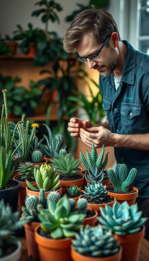 A cozy indoor garden scene with various potted succulents and houseplants. In the foreground, a knowledgeable-looking gardener in casual attire is tending to the plants, examining their leaves and soil with a calm, focused expression. The middle ground features a tidy arrangement of diverse succulents and cacti in terracotta pots, arranged on a wooden table or shelf. The background has soft, warm lighting, perhaps from a window or lamp, creating a serene, inviting atmosphere. The overall composition conveys a sense of expertise, care, and the joys of low-maintenance indoor gardening.