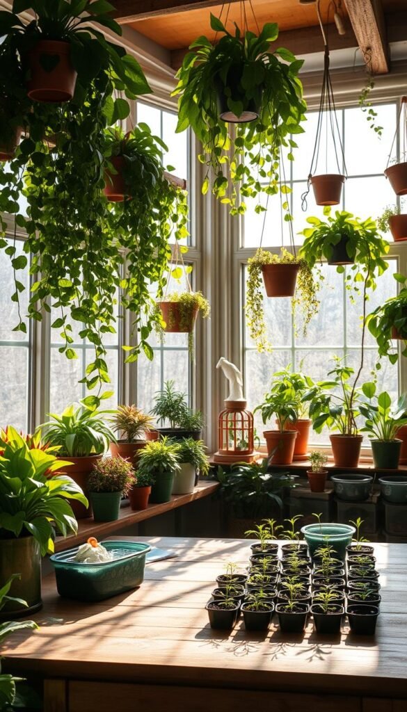 A cozy indoor garden setup, with lush greenery cascading from shelves and hanging planters. Sunlight streams through large windows, casting a warm glow on the verdant tableau. On a wooden table, potting supplies and small seedlings await, ready for the gardener's nurturing touch. The scene exudes a sense of tranquility and harmony, inviting the viewer to imagine themselves tending to this haven of flourishing plants. A wide-angle lens captures the full scale of this serene, nature-filled space, a true oasis within the confines of the indoor environment.