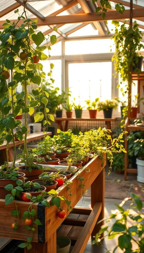 A cozy indoor greenhouse setup with lush greenery thriving under soft, natural lighting. In the foreground, a wooden potting bench holds an assortment of small potted vegetable plants - leafy greens, tomatoes, and herbs. Trailing vines cascade over the edges, adding a touch of verdant charm. In the middle ground, a large window floods the space with warm, golden sunlight, casting a serene glow. The background features a mix of wooden shelves and potted plants, creating a harmonious, nature-inspired ambiance perfect for urban gardening.