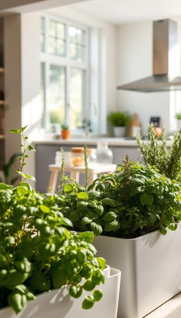 A cozy indoor herb garden bathed in soft, natural light filtering through large windows. In the foreground, lush, vibrant herbs like basil, thyme, and rosemary flourish in sleek, modern planters. The middle ground showcases an assortment of glass jars and ceramic pots, hinting at the culinary delights these herbs will inspire. The background features a minimalist, contemporary kitchen design, with clean lines and a soothing color palette that complements the verdant greenery. The overall scene evokes a sense of tranquility, wellness, and the joy of cooking with fresh, homegrown ingredients year-round.