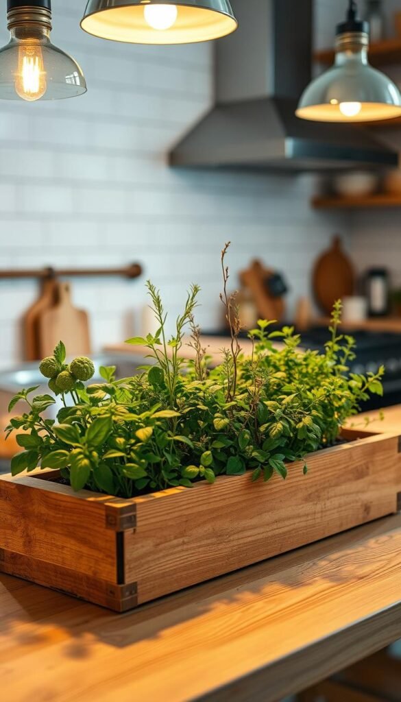 A cozy indoor kitchen herb garden setup, with a rustic wooden planter box filled with thriving green herbs like basil, rosemary, and thyme. The planter is placed on a natural wood table, bathed in warm, soft lighting from a pair of pendant lamps overhead. In the background, a white subway tile backsplash and a few simple kitchen accessories create a inviting, homey atmosphere. The overall scene conveys a sense of calm, creativity, and the joy of cultivating fresh, flavorful ingredients right in your own kitchen.