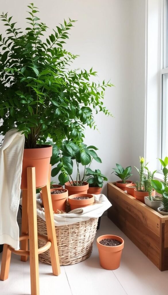 A cozy indoor scene showcasing various insulation strategies for potted plants. In the foreground, a large, thriving potted fern sits atop a wooden plant stand, its lush fronds partially obscured by a delicate linen plant wrap. In the middle ground, a collection of terracotta pots are snug in a woven basket lined with straw, creating a layered insulation system. Behind them, a row of smaller houseplants are nestled into a custom-built wooden planter box, its sides lined with reflective insulation panels to retain warmth. Soft, natural light filters in through a nearby window, casting a gentle glow and creating an inviting, serene atmosphere for these tender, overwintering plants.