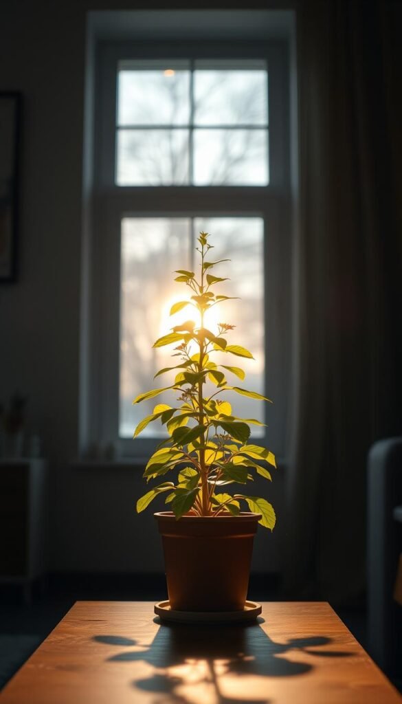 A cozy indoor scene with a thriving potted plant illuminated by warm, diffused lighting. The plant stands on a wooden side table, its lush foliage and vibrant colors contrasting against the muted tones of the room's decor. In the background, a large window allows natural light to filter in, casting a soft, ambient glow. The overall atmosphere exudes a sense of tranquility and protection, conveying the idea of shielding delicate plants from the harsh winter elements outside.