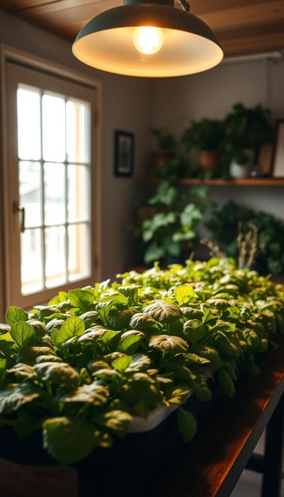 A cozy indoor setup with a large, bright window bathing a wooden table in natural light. On the table, a thriving hydroponic growing system filled with lush, vibrant salad greens - crisp lettuce, tender spinach, and fragrant herbs. The greens are illuminated by a soft, warm overhead light, casting gentle shadows and highlighting their freshness. The scene conveys a sense of tranquility and abundance, inviting the viewer to imagine harvesting these nutrient-rich ingredients for a nourishing, homemade salad even in the depths of winter.