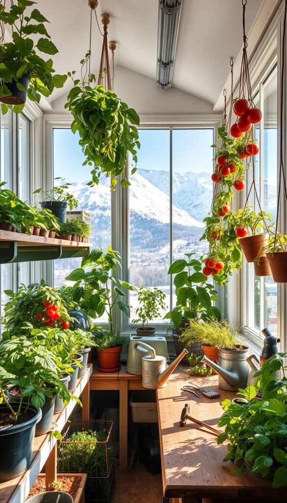 A cozy indoor vegetable garden thrives in a bright, sunlit room with large windows. Potted plants of leafy greens, tomatoes, and herbs line shelves and hang from ceiling hooks, bathed in soft, natural lighting. The air is crisp and clean, with a hint of earthy soil and fresh greenery. Gardening tools and watering cans are neatly organized on a rustic wooden workbench. In the background, snow-capped mountains can be seen through the windowpanes, a serene contrast to the lush, flourishing plants. The overall scene exudes a sense of tranquility, productivity, and year-round gardening success, even in the midst of a snowy climate.