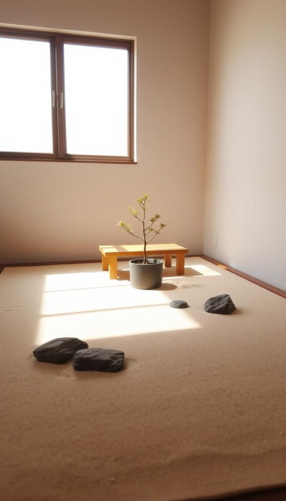 A cozy, minimalist indoor Zen garden setup with a serene, well-balanced arrangement. In the foreground, a smooth, raked sand bed with strategically placed rocks and pebbles, creating a tranquil, meditative environment. A small, delicate bonsai tree or a potted succulents placed at the center, casting subtle shadows. The middle ground features a wooden or bamboo bench or stool, inviting one to sit and immerse in the peaceful atmosphere. Soft, diffused natural lighting filters through a window, casting a warm, calming glow throughout the scene. The background showcases a simple, neutral-toned wall, allowing the garden elements to be the focal point. An overall sense of harmony, simplicity, and mindfulness permeates the entire composition.