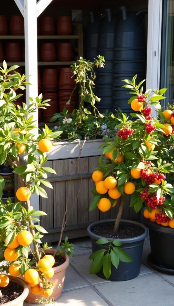 A cozy patio setting with a collection of potted citrus trees and berry bushes in the foreground, their lush foliage and vibrant fruits shimmering in the warm afternoon sunlight. In the middle ground, a weathered wooden planter holds trailing vines and seasonal flowers, their petals gently swaying in a light breeze. The background features a neatly organized storage area, with stacks of terracotta pots, watering cans, and gardening tools, hinting at the careful preparation and maintenance required to keep these container-grown plants thriving through the changing seasons. The overall scene conveys a sense of tranquility and the rewarding experience of nurturing a small, productive fruit garden in an urban or patio-limited setting.