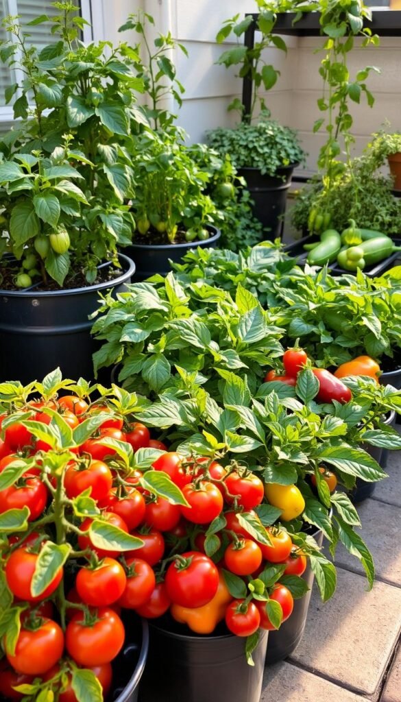 A cozy patio setting with various compact vegetable varieties thriving in containers. In the foreground, a collection of lush tomato plants, their vibrant red fruits glistening in the warm afternoon light. Surrounding them, a mix of compact bell peppers in shades of green, yellow, and red, their waxy leaves catching the sun's rays. In the middle ground, a tidy arrangement of bushy herbs like basil and oregano, their fragrant aromas wafting through the air. In the background, a few trailing vines of zucchini or cucumber spilling over the sides of their containers, adding a touch of verdant abundance. The entire scene is bathed in a soft, golden glow, evoking a sense of rustic charm and the bounty of a well-tended urban garden.