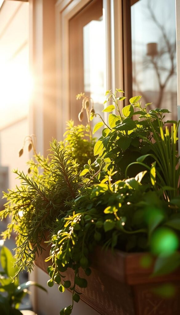 A cozy, sun-drenched window box herb garden, meticulously arranged with lush, fragrant plants. Cascading rosemary, bushy basil, and delicate chives bathe in warm, golden sunlight filtering through the glass. The camera angle captures the garden from a low perspective, emphasizing the thriving, well-tended herbs. Subtle shadows and reflections on the windowpane create an atmosphere of tranquility and natural harmony. The image conveys a sense of urban gardening bliss, inspiring viewers to cultivate their own thriving container herb oasis.