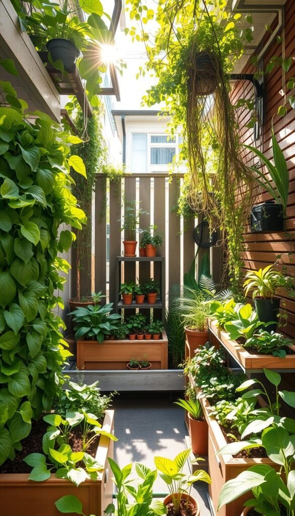 A cozy urban garden oasis, brimming with lush greenery and clever space-saving solutions. In the foreground, a vertical hydroponic system cascades with thriving leafy greens, while compact raised beds showcase a vibrant array of vegetables and herbs. The middle ground features a tiered planter stand, its tiers filled with a diversity of potted plants, carefully arranged to maximize the limited footprint. Sunlight filters through a canopy of hanging vines and trailing plants, casting a warm, inviting glow over the scene. In the background, a slatted wooden trellis supports climbing vines, creating a natural privacy screen and adding depth to the composition. The overall atmosphere exudes a sense of tranquility and urban sustainability, inspiring the viewer to reimagine their own small space as a thriving garden retreat.