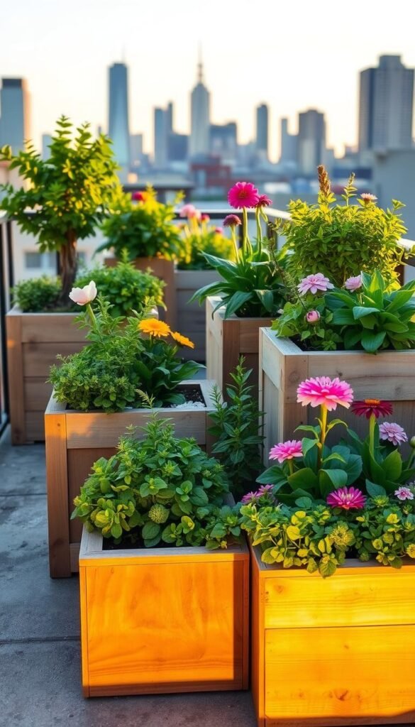 A cozy urban garden scene featuring a collection of DIY planter boxes of various shapes and sizes, filled with lush greenery and blooming flowers. The boxes are made of natural, weathered wood and arranged on a small balcony or rooftop terrace, with a backdrop of city skyline silhouettes in the distance. Soft, warm lighting illuminates the scene, casting gentle shadows and creating a welcoming, relaxed atmosphere. The composition emphasizes the creative, cost-effective solutions for adding nature and greenery to limited urban spaces.