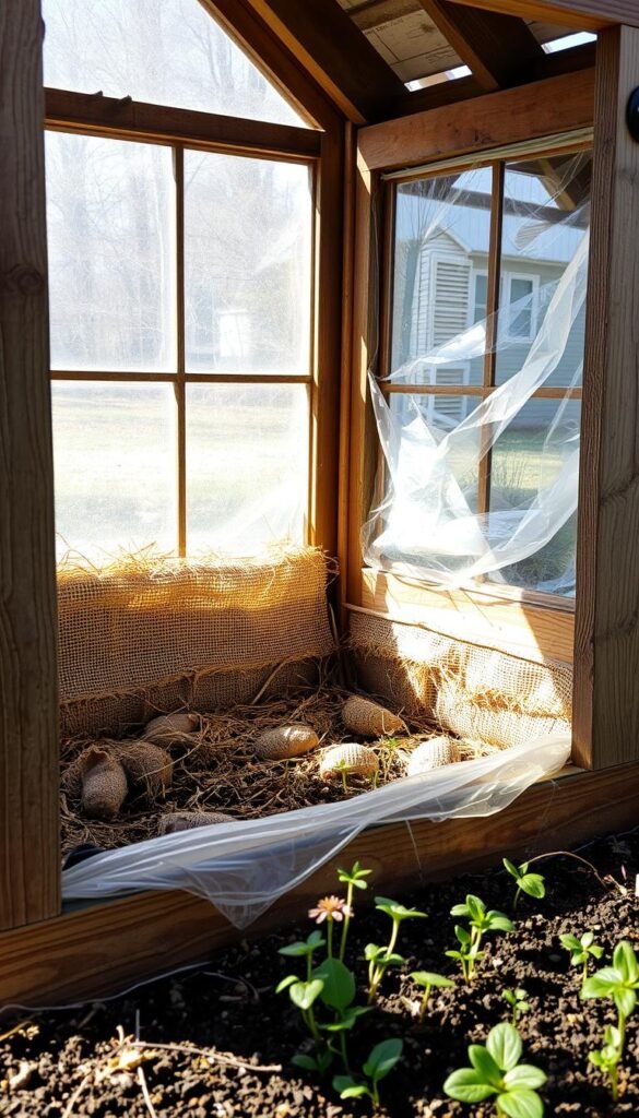 A cozy, well-insulated cold frame stands in a sunlit garden, its glass panels glinting softly. Layers of straw, burlap, and clear plastic sheeting cover the soil, trapping precious warmth. The frame's wooden sides are weathered yet sturdy, casting comforting shadows. In the foreground, delicate seedlings peek out, sheltered from the chill. A sense of quiet resilience permeates the scene, as the gardener's careful preparations protect tender plants through the winter months.